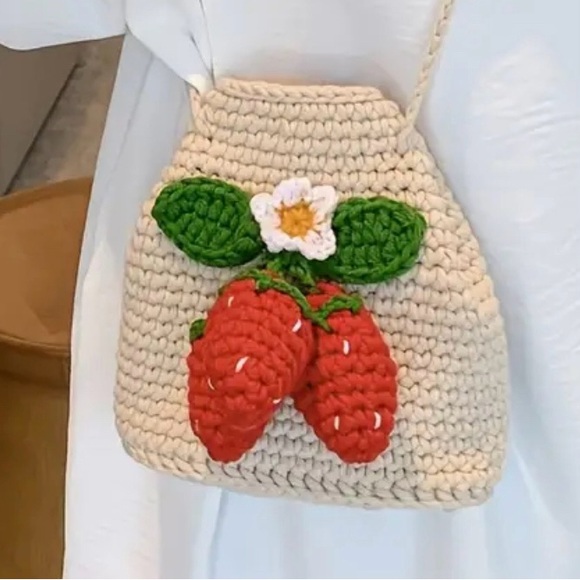 Crochet Knitted Strawberry Crossbody Bag Handcrafted Polyester - Picture 3 of 5